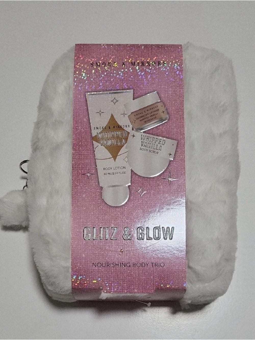 Glitz & Glow Whipped Vanilla Nourishing Body Trio - White Plush Pouch